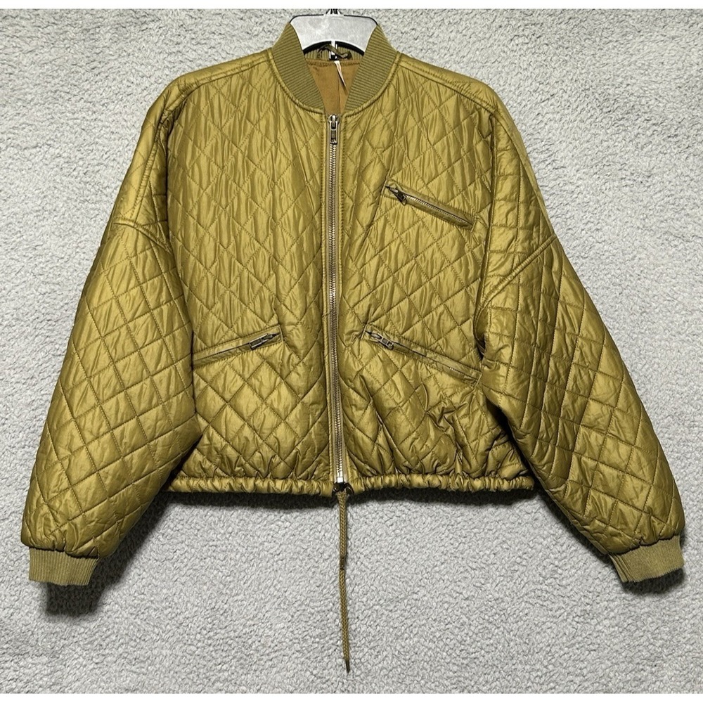 FREE PEOPLE Women's Quilted Easy Bomber Oversized Moss Green Cropped Jacket XS